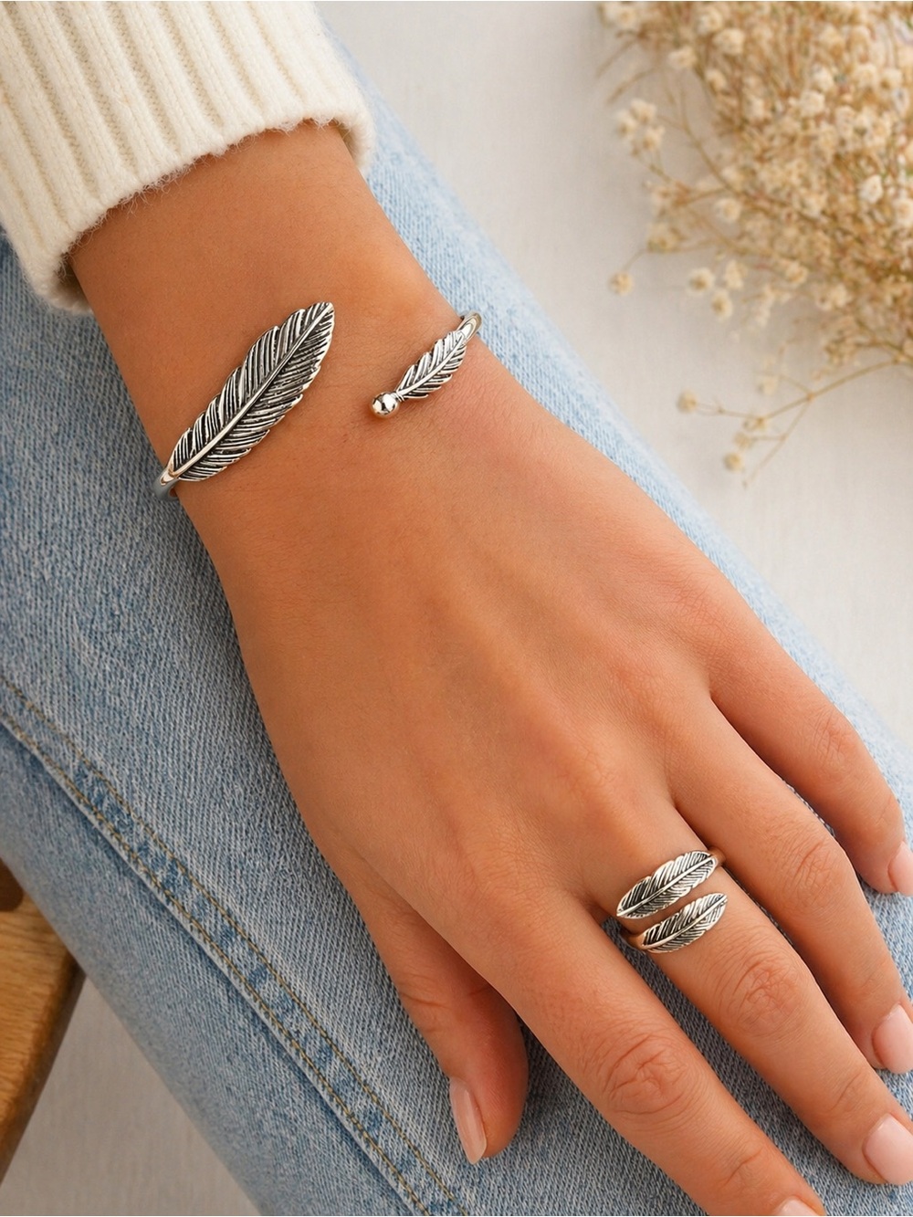 925 Sterling Silver Feather Cuff Bracelet & Wrap Ring Set New